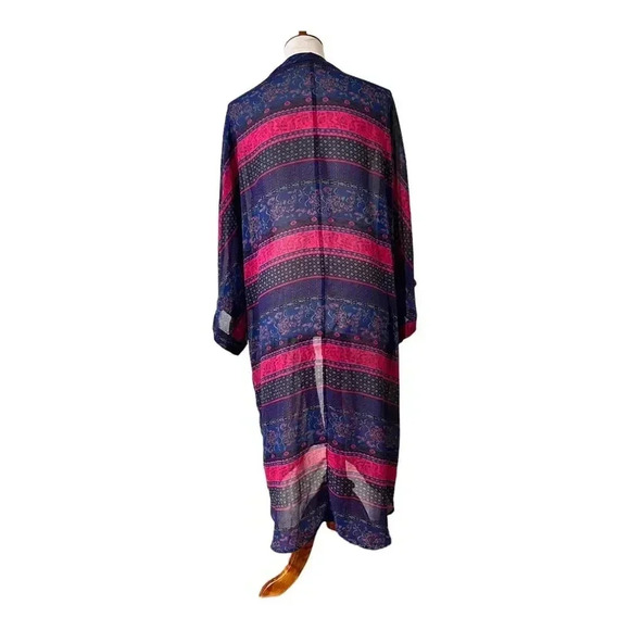 Wallflower Blue Pink Longline Paisley Kimono Cardigan Duster Sz M Boho Western - Picture 2 of 8